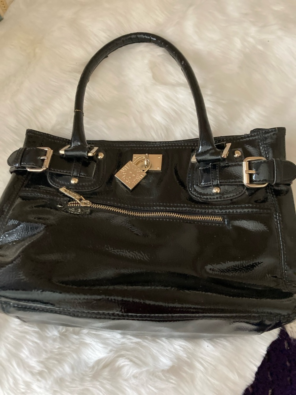 Anne Klein Black Patent Satchel with Gold Hardware